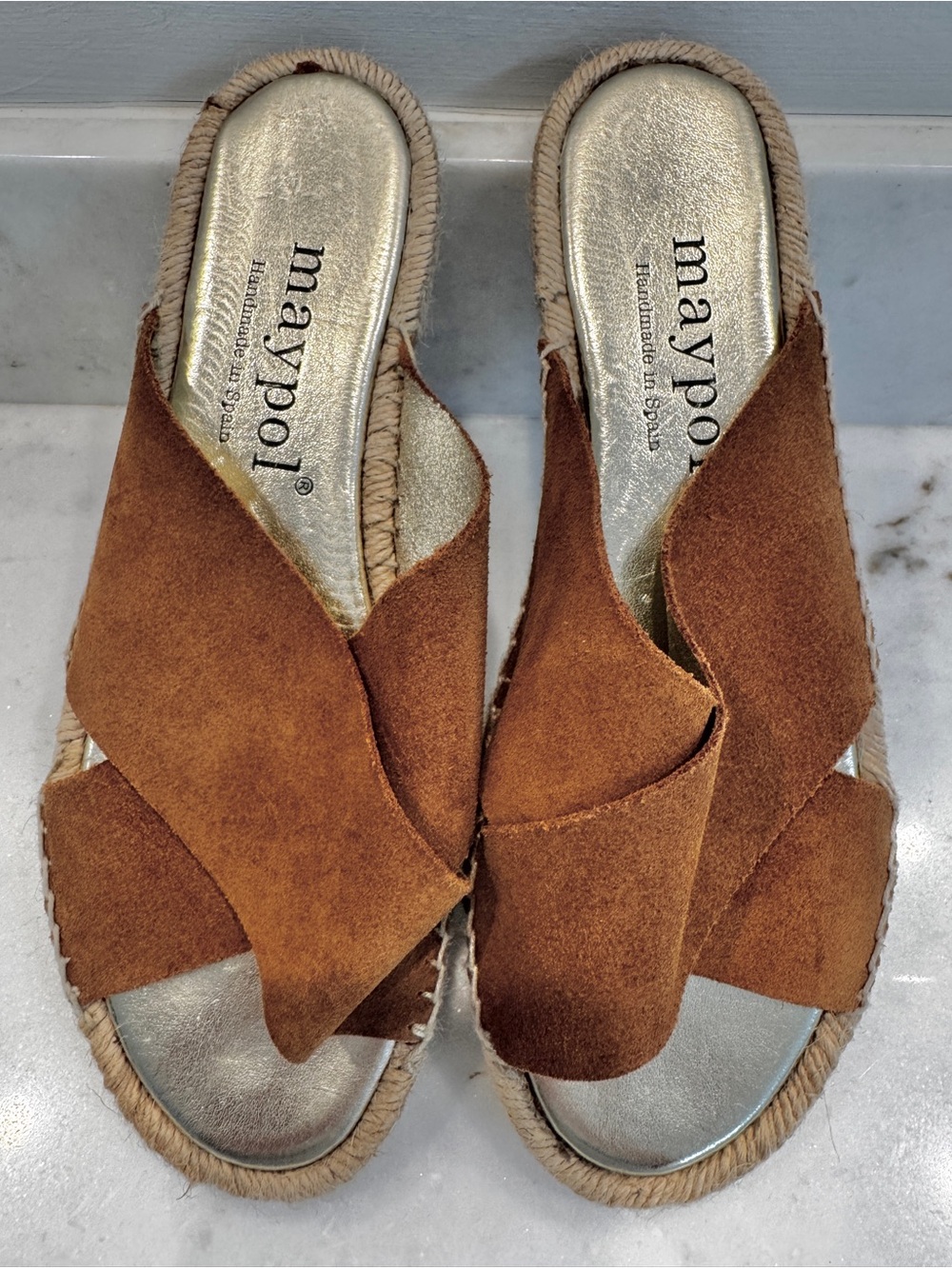 Maypol Women's Tan Suede Crossband Espadrille Slide Sandals